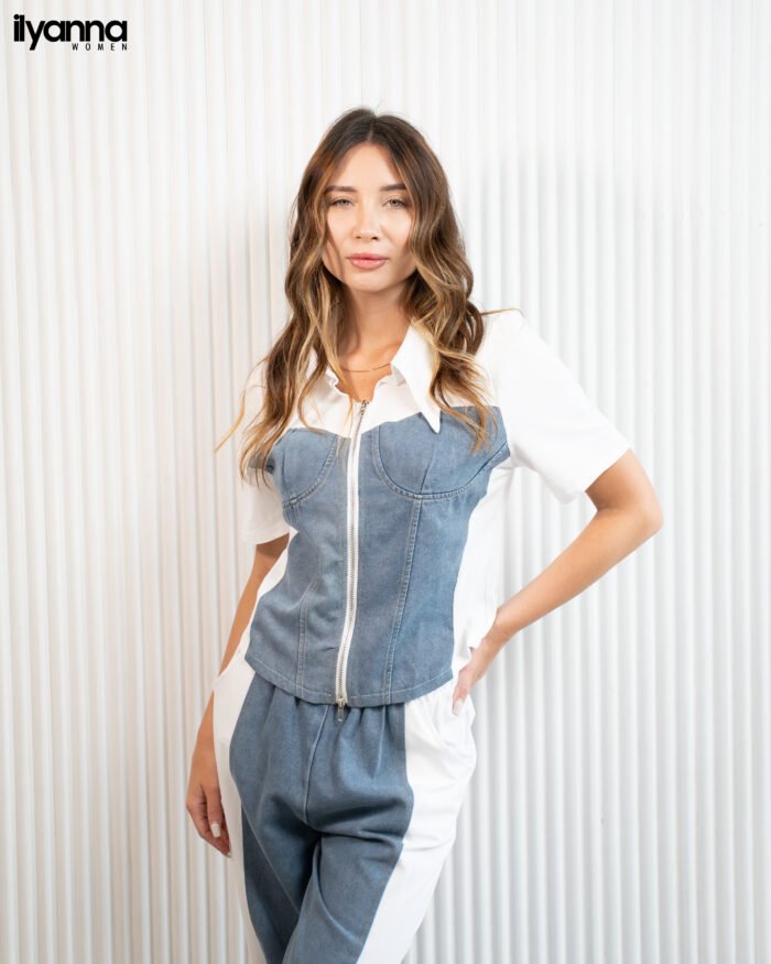 Ensemble Denim Bleu & Blanc Zippé – Image 2
